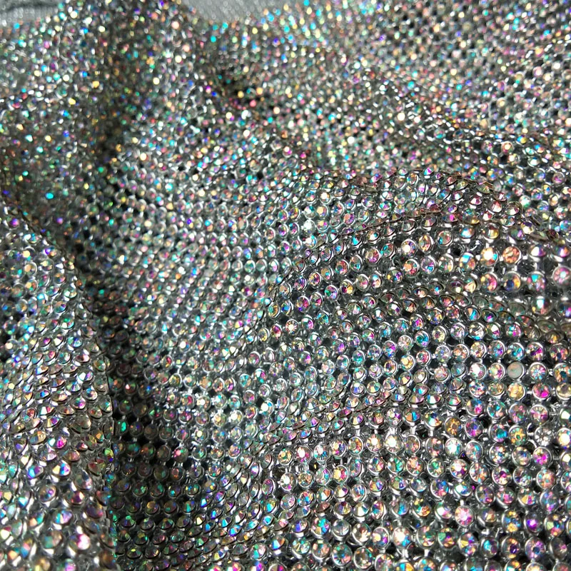 ZY Bling Bling Chunky Glitter Silver AB Rhinestone Metal Mesh Fabric Metallic cloth Metal Sequin Sequined Fabric Home Decoration