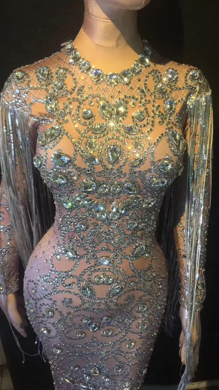 우아한 웨딩 댄스 파티 실버 라인 석 Tassels 롱 드레스 가수 호스트 저녁 파티 축하 공연 무대 의상