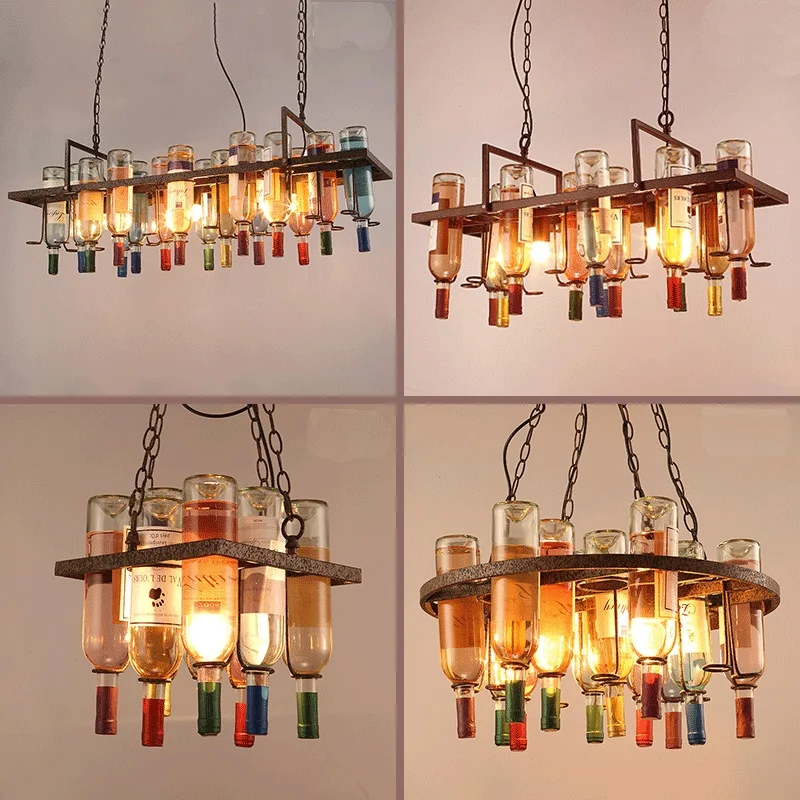 Retro Loft Pendant Lamp Creative Cafe Bar Restaurant Decoration Wine Bottle Hanging Lights Lustre Color Glass Ceiling Chandelier