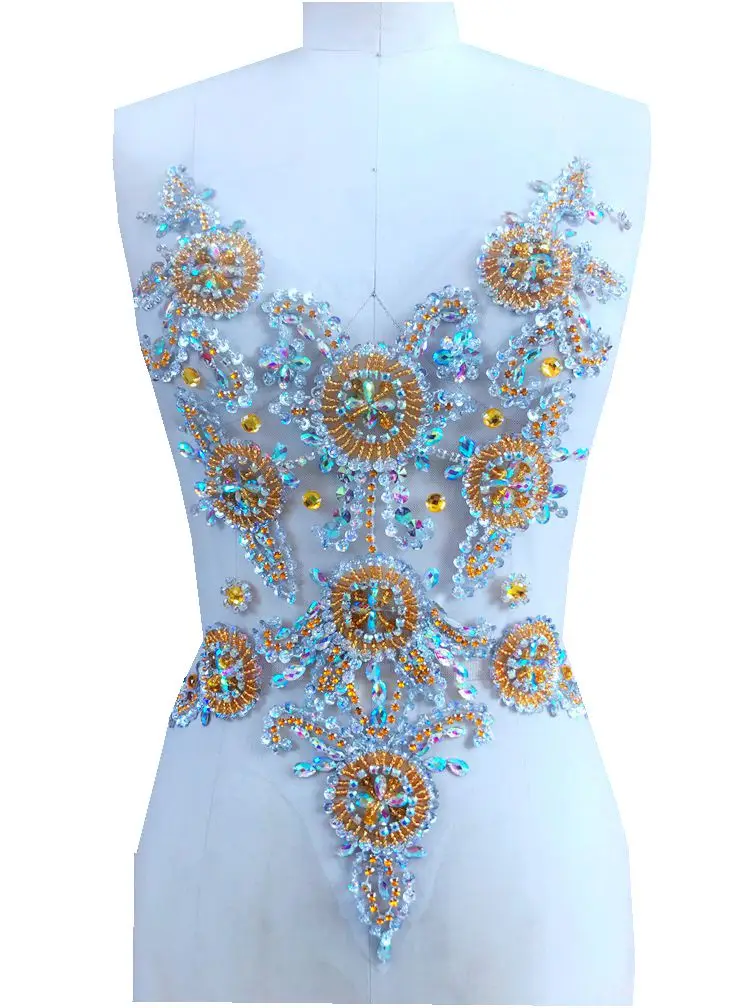 Handmade golden/clear AB colour sew on  Rhinestones applique on mesh crystal patches with stones sequins beads 45*35cm