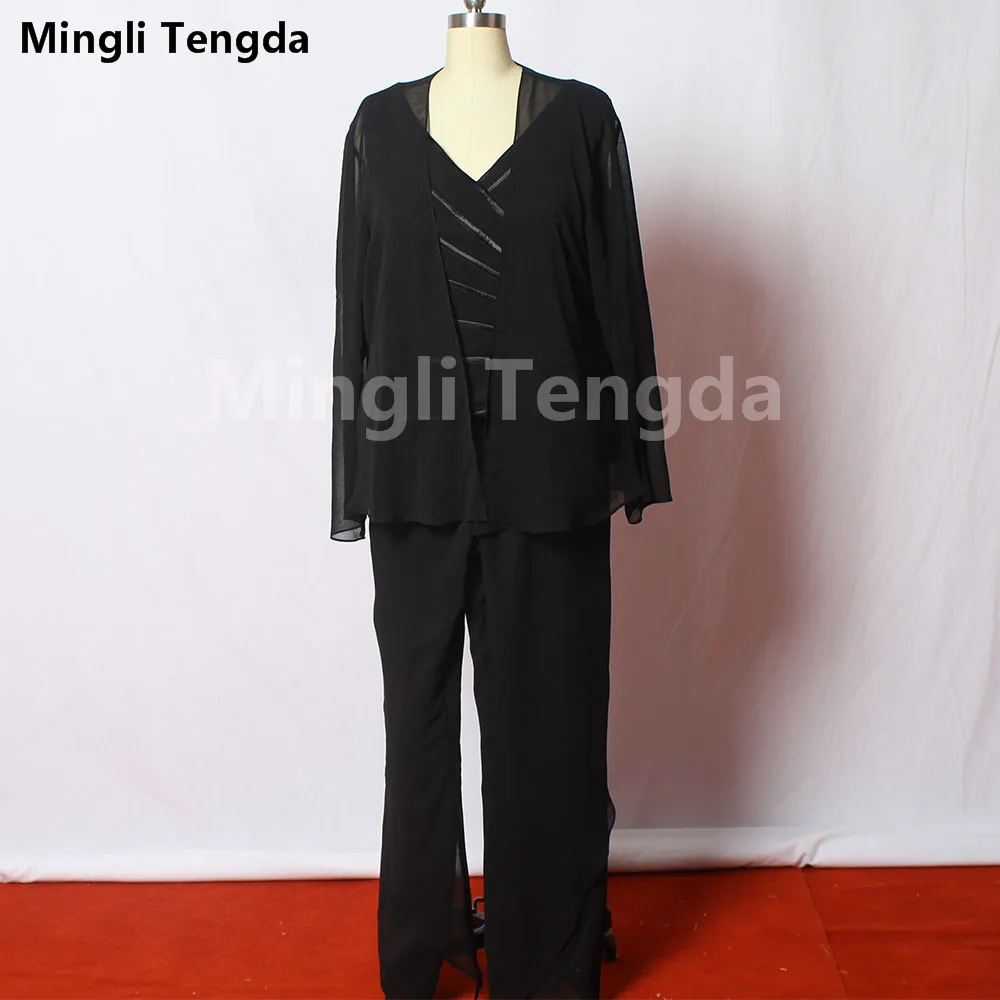 Custom Made Dress Black Mother of the Bridal Dresses with Jacket Three-piece Pants Suits Lady V Neck Long Sleeve Mingli Tengda