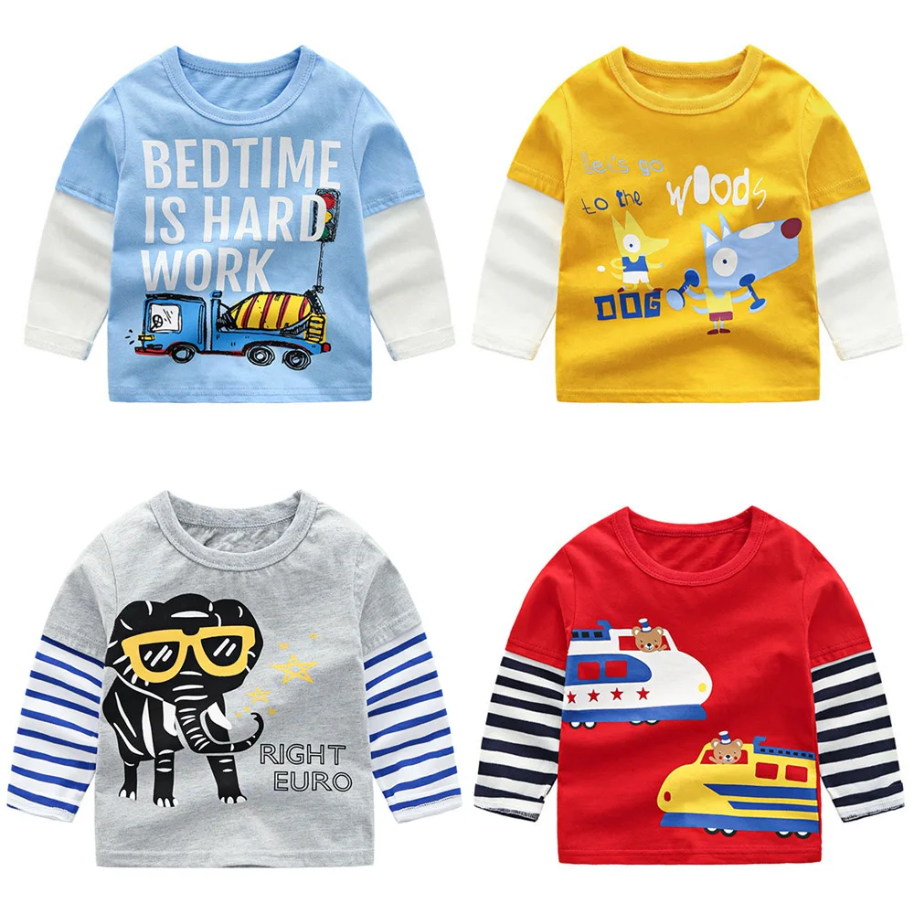 Kid Cotton Long Sleeve T Shirt brand Cartoon Dinosaur car casual boy baby striped Tops girl Tees Spring Autumn Children clothing