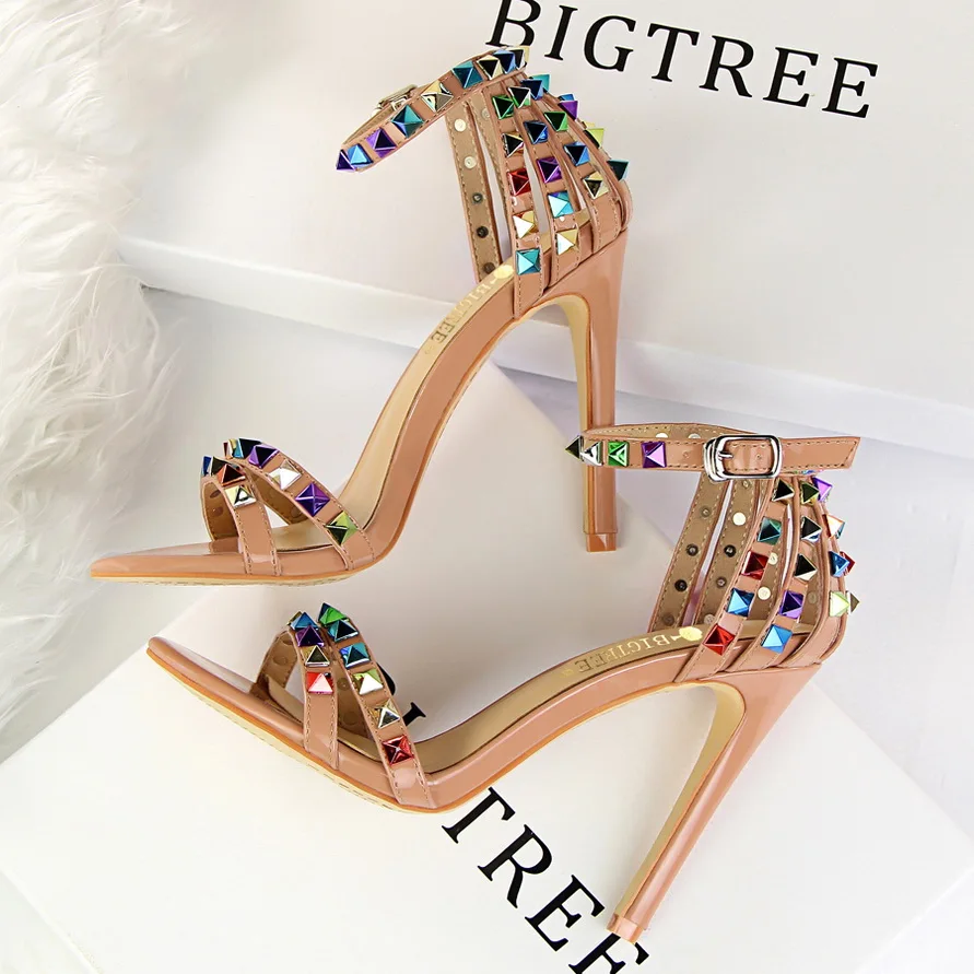 

BIGTREE Shoes Color Rivets Women Sandals Roman Style Heeled Sandals Hollow Out High Heels Stiletto Sexy Party Shoes Sandals