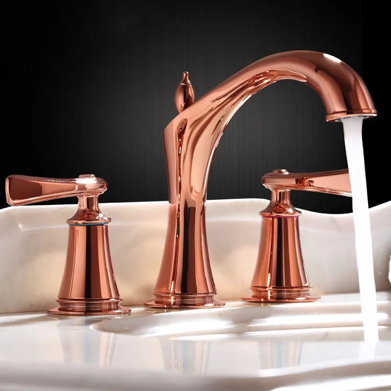 

European Luxury Rose gold brass Double handle three holes Widespread Bathroom Sink Faucet high quality Basin Vanity Mixer Tap