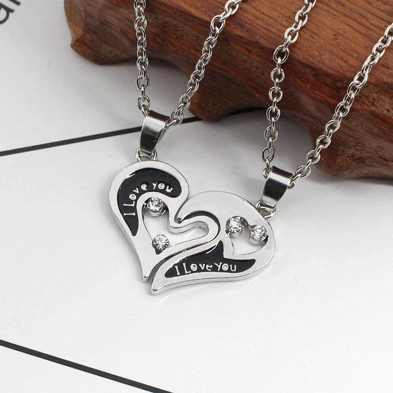 2 Piece Set I Love You Heart-Shaped Mosaic Necklace Set Ladies Couple Jewelry Hollow  Broken Heart Alloy Pendant Gift