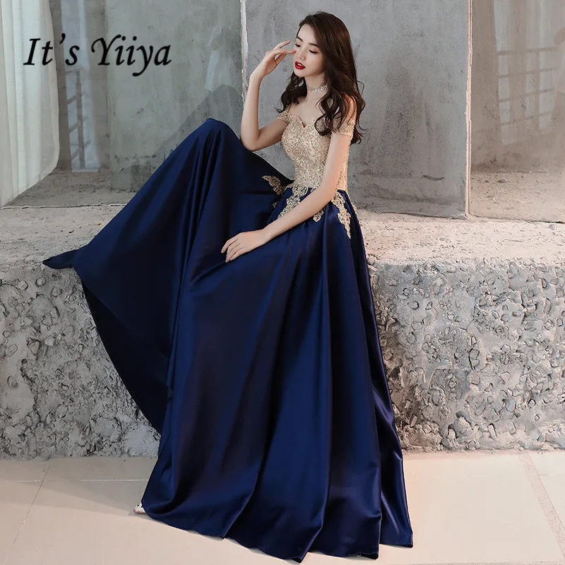 It\'s YiiYa Evening Dress Gold Lace Navy Blue Fashion Party Gowns Boat Neck Floor length Long Formal Dresses  E052