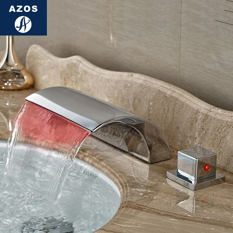 Azos Split FaucetDiscoloration Waterfall Brass Chrome Cold and Hot Switch Temperature Control LED Shower Room Basin Hotel Double