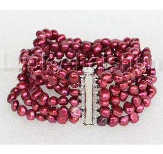 

8" 8mm 6row Baroque wine red pearls bracelet magnet clasp j11128>Wholesale Lovely Women's Wedding Jewelry