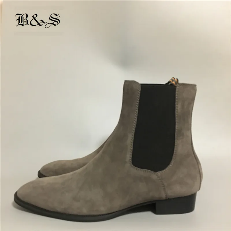 

Black& Street New Handmade High Top Slim Suede Leather Gray Chelsea Men Boots Denim Kanyewest Boots