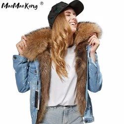 2026 Maomaokong Women's Fashion Dark Blue Denim Fox fur Short Jacket coat Real raccoon fur collar bomber jacket