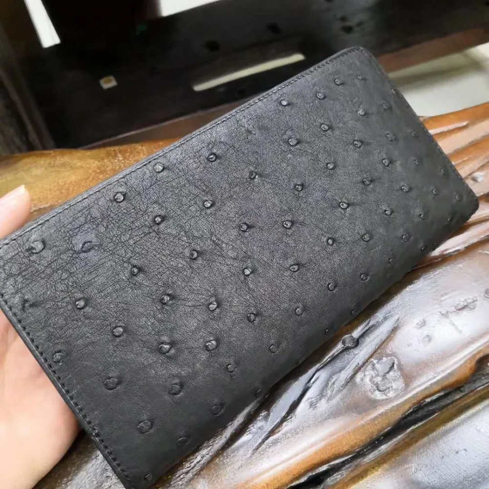 High End Soft 100% Genuine ostrich skin leather long size men wallets and purse bank credit card holder black brown ostrich