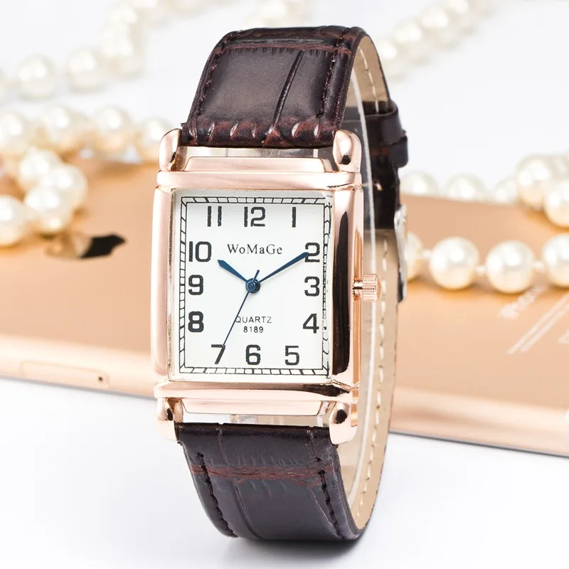 Womage Brand Lady Fashion Leather Band Rectangle Watch  Rose Gold Square Dial Women Casual Bracelet Quartz Casual Wristwatches