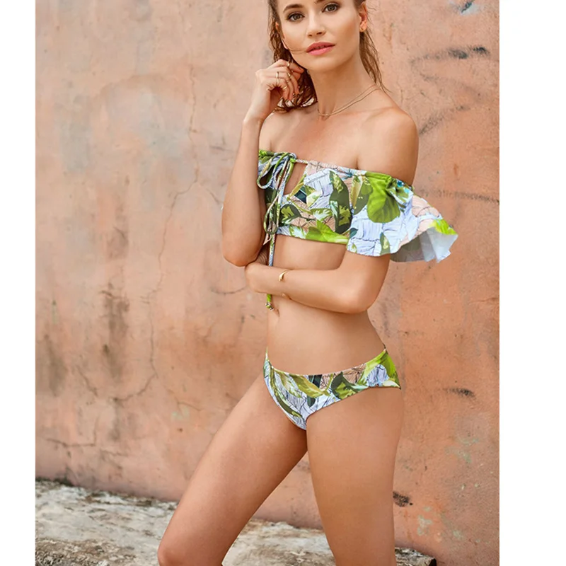 

Kophia 2018 New Women Green Leaf Printed Bath Suit Sexy Off Shoulder Ruffle Bandage Two-pieces Swimsuit M11846