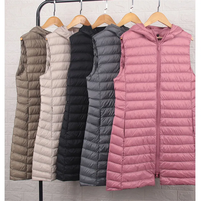 

Women Sleeveless Hooded Jacket Ultra Light White Duck Down Vest Parka Female Midi Long Down Waistcoat Coat Plus Size 4XL AB1541