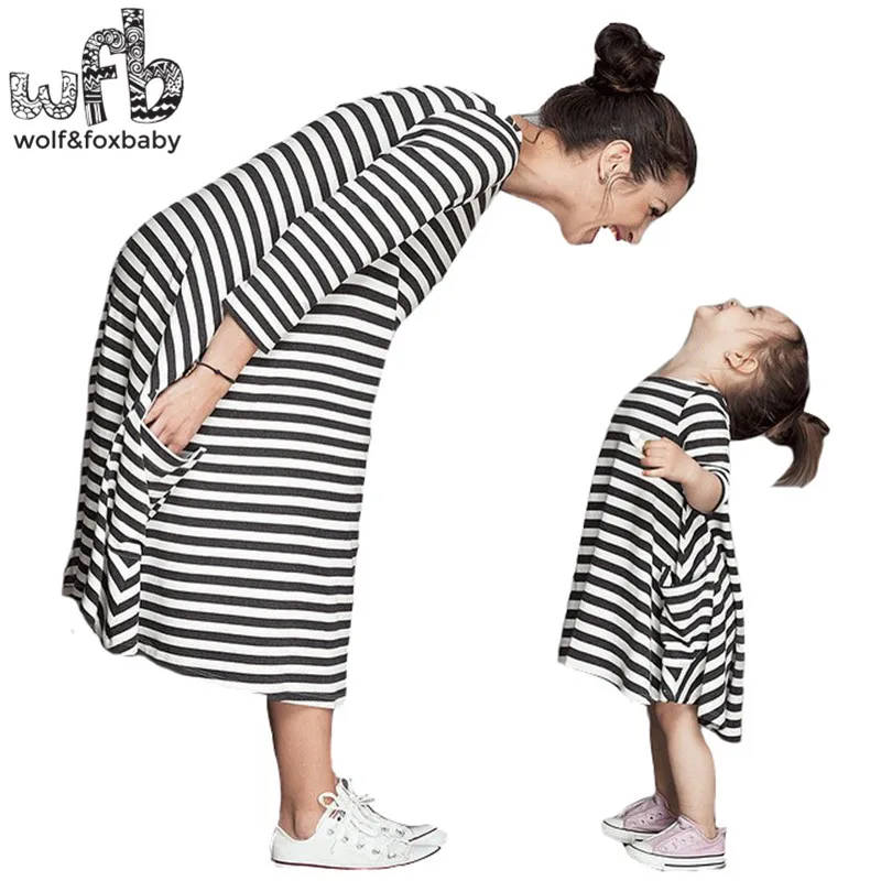 Retail family matching outfits striped dress full-sleeves kids children spring autumn fall