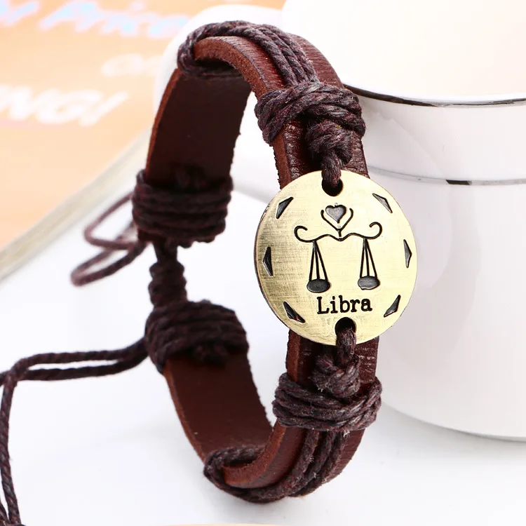 Vintage Gold Color Constellations Leo Taurus Leather Bracelet Women Punk Sagittarius Scorpio Jewelry Party Friends Gift