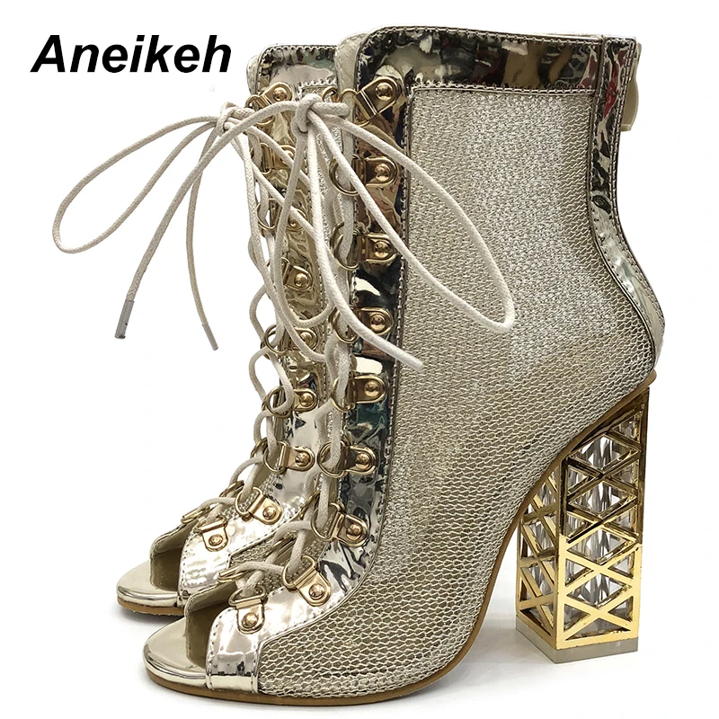 Aneikeh Size 41 42 43  Sexy Golden Bling Gladiator Sandals Women Pumps Ladies Shoes Lace-Up High Heels ANKLE Boots Fashion 2024