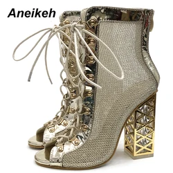 Aneikeh taglia 41 42 43 Sexy Golden Bling Gladiator sandali donna décolleté scarpe da donna stivaletti con tacco alto stringati moda 2024