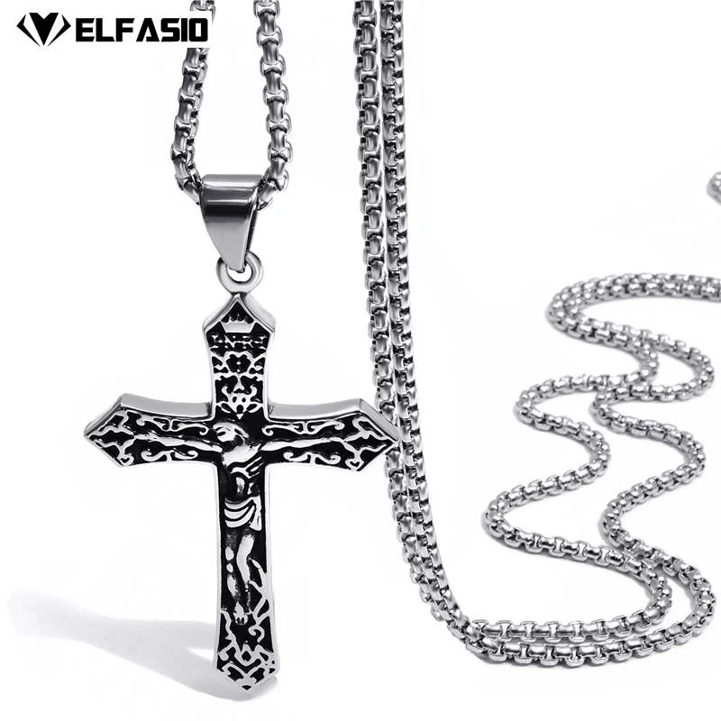 

Mens Boys Silver 316L Stainless Steel Inri Jesus Cross Crucifixion Pendant Necklace Chain