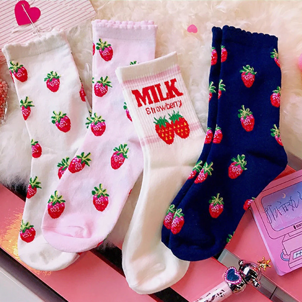 Women Socks Korea Kawaii Design Strawberry Milk Cow Harajuku Funny Sweet Cotton Happy Socks Women Novelty Girls Christmas Gifts