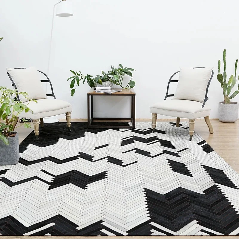 High-end Black White Cowhide Rug, HerringbonePatchwork Cowhide Fur Carpet