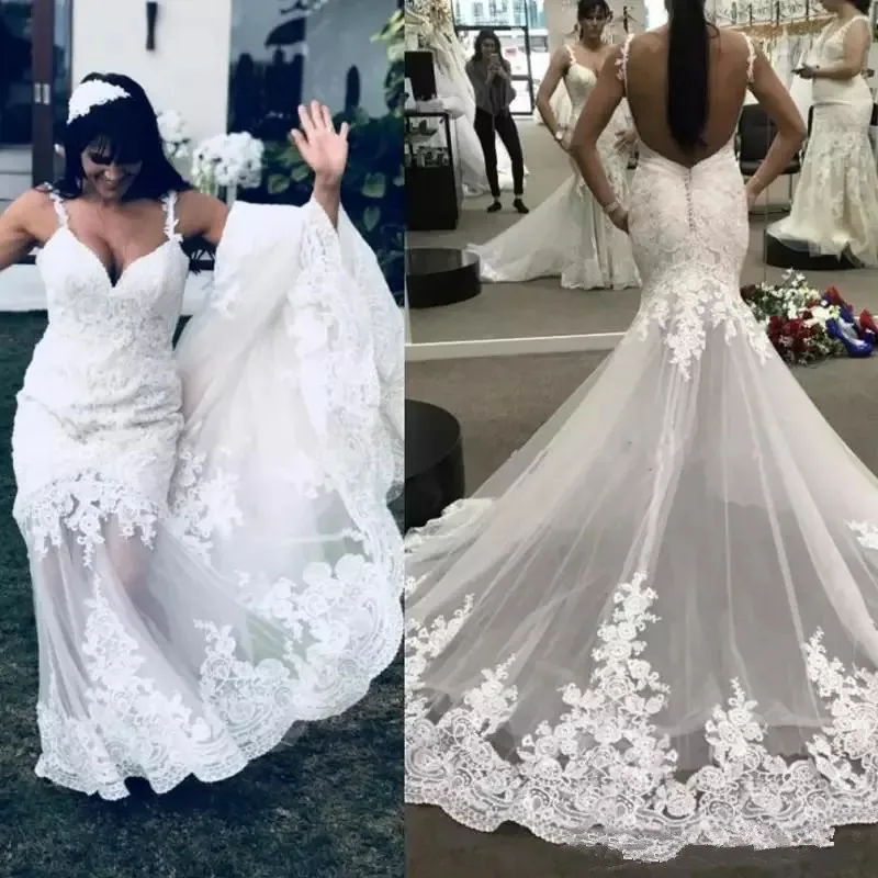 Sexy spaghetti rendas sereia vestidos de casamento sem costas até o chão tule sul africano casamento vestidos de noiva feito sob encomenda