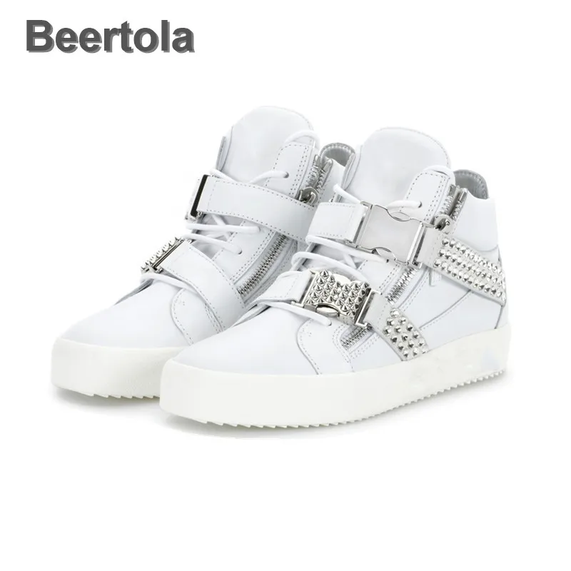 

Leather White Sneakers Women Buckle Strap Silver Shoes Women Zipper Crystal Casual Shoes Woman Spring High Top Shoes For Girls