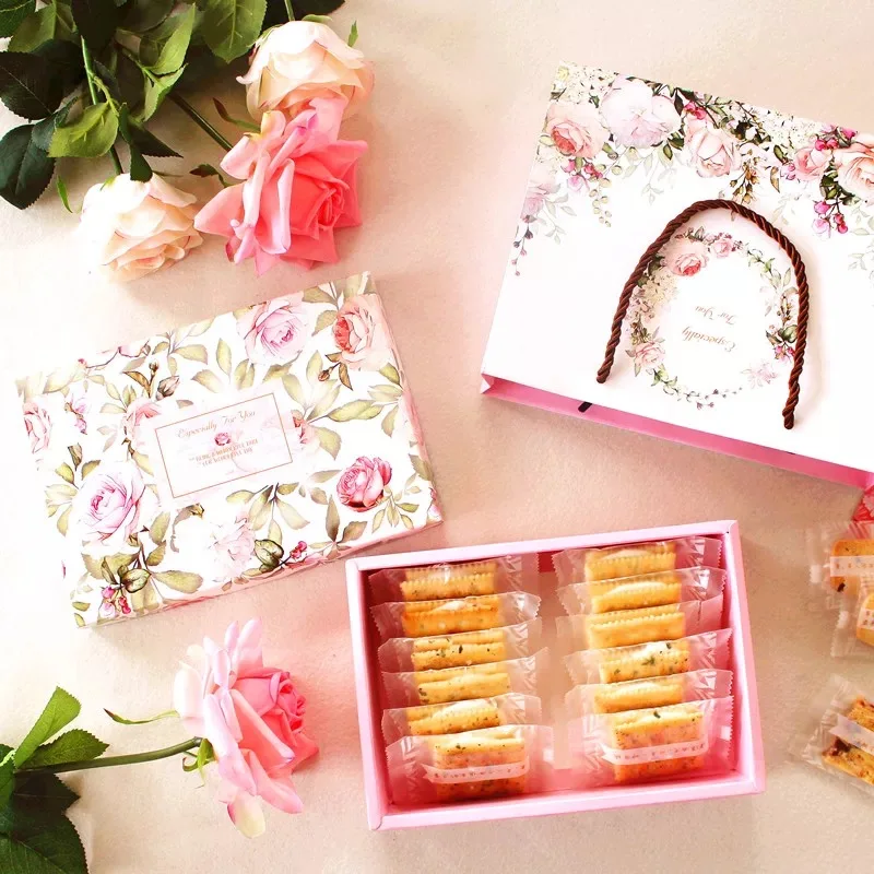 21*14*5cm 5pcs spring rose in garden Cookie mooncake Gift Paper Box and bag Macaron Chocolate Snacks Sweet Candy Storage Boxes