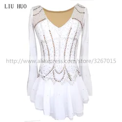 LIUHUO Women Girl Performance Aldult Gymnastics Competition Leotard Ice Figure Skating Dress Dance Costume Long Sleeve White