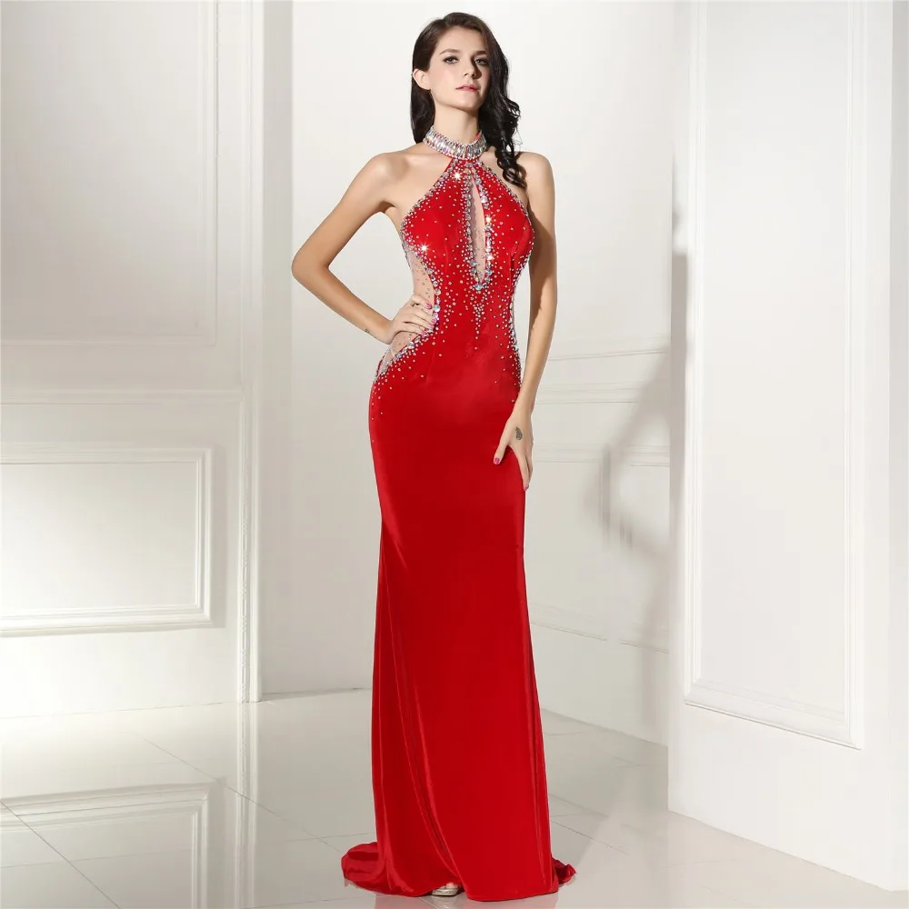 JaneVini เซ็กซี่ซาอุดีอาระเบีย Mermaid สีแดงชุดเจ้าสาว Halter Beading Backless กำมะหยี่ชุดราตรี Robe De Soiree