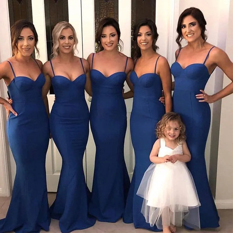 Vestidos de sereia para dama-de-honra, azul-real, sexy, simples, alças espaguete, cetim, para festa, barato