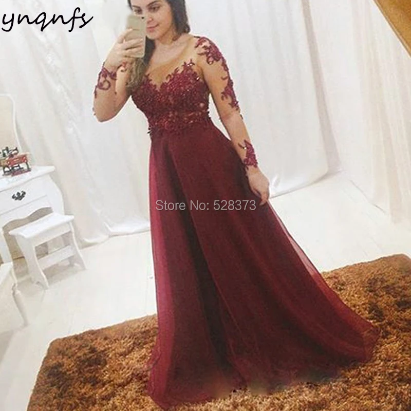 YNQNFS MD282 A-line Soft Tulle Sheer Long Seeve Elegant Lace 2019 Mother of the Bride Dresses Abiye Evening Wear Abendkleider