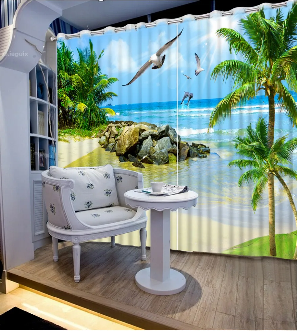 Photo Customize size 3d beach scenery curtains for living room Home Decor Living Room Natural Art