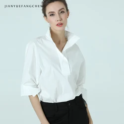 Women Cotton White Blouse POLO Shirt Stand Collar Nine Quarter Sleeve Plus Size Elegant Office Ladies Formal Dress Working Tops