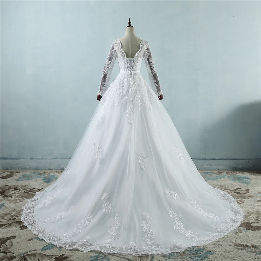 ZJ9065 Customized Corset 2025 White Wedding Dresses With Lace Edge Big Train Long Sleeves For Brides Formal Plus Size 2 26W