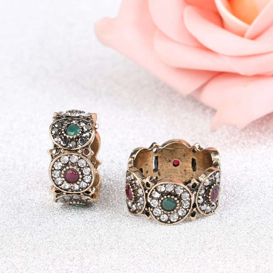 Kinel Turkey Rings For Women Hollow Vintage Wedding Ring Jewelry Ancient Gold Color Colorful Resin Stone Anillos Mujer