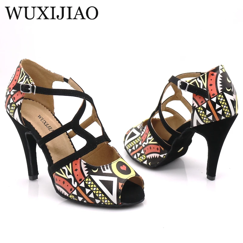 

WUXIJIAO dance shoes girl Latin dance shoes trend printing PU salsa dance shoes HEEL5CM-10CM