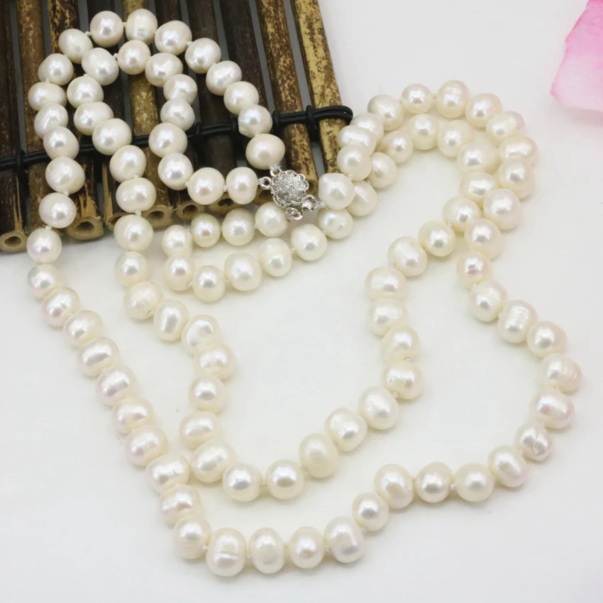 Natural white freshwater cultured 8-9mm pearl beads necklace for women 2 rows chain hot sale gifts choker jewelry 18inch B3229