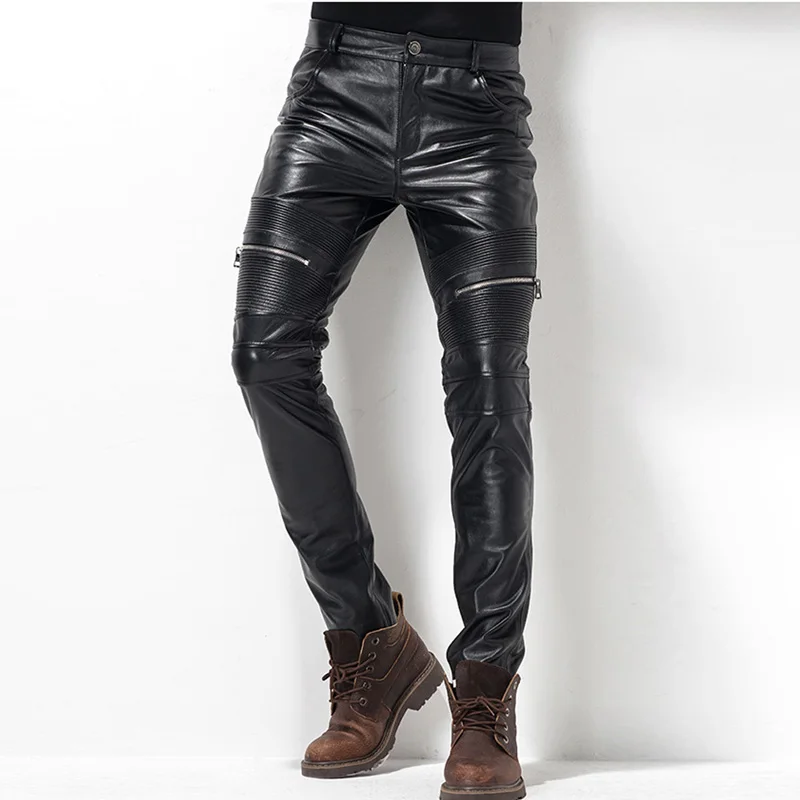 Herren Lederhose Bikerhose Motorrad Punk Rock Hose Enge Gothic Lederhose für Männer TJ05