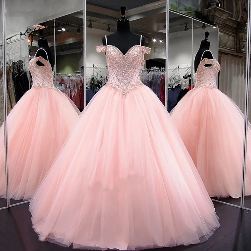 Dlass Pink Luxury Ball Gown Quinceanera Dress 2020 Plus Size Sexy Prom Party Dress Beaded Vestidos de Debutante Gowns Ballkleid