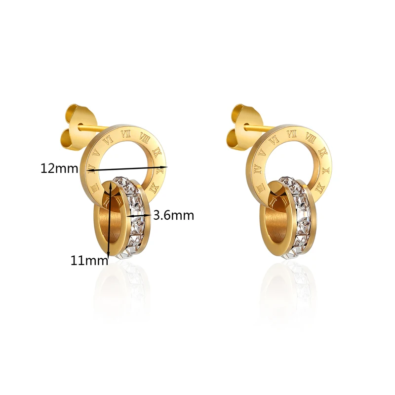 Top Quality Titanium Steel Double Loop Wound Elegant And Charming Roman Numerals Crystal Stud Earrings For Women Gift Jewelry