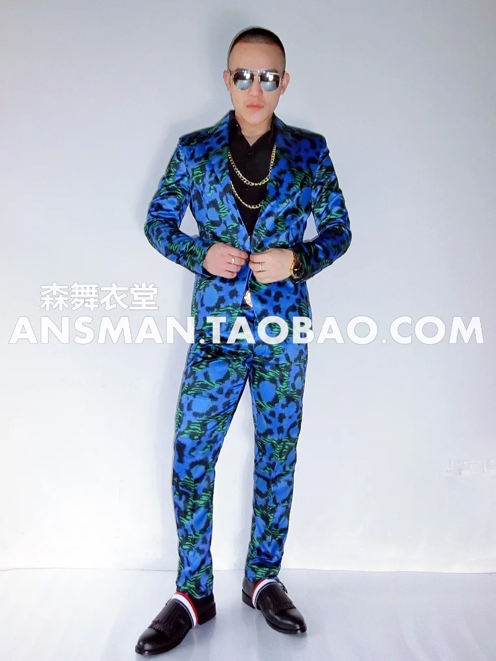 Hot 2024 New Men\'s Dj Singer Fashion Blazers Blue Green Leopard Jackets Coats Men Plus Size Formal Dress Costumes Clothing Suits