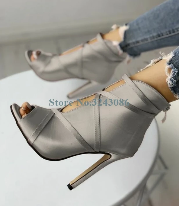 Peep Toe Narrow Band Thin High Heel Sandal Boots Red Pink Black Grey Satin Sandals Silk Back Zipper Stiletto Heel Ladies Shoes