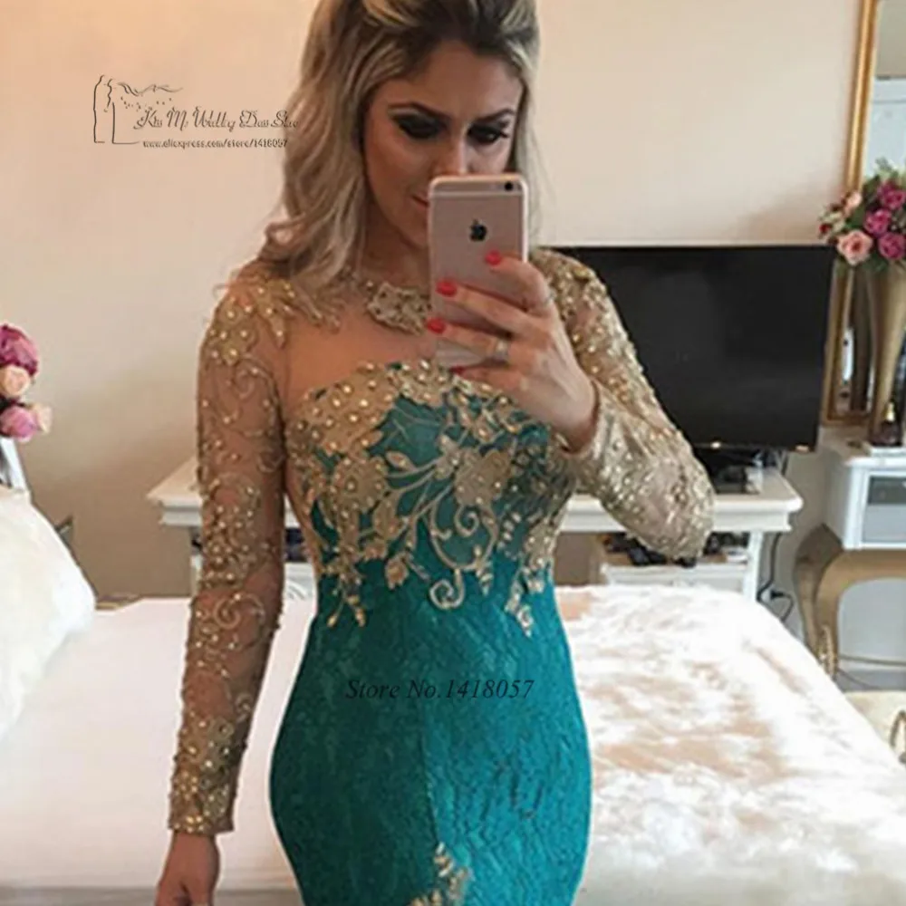 Vestido de noche Formal de encaje dorado y verde, traje Sexy de manga larga con cuentas de sirena para fiesta y ocasiones especiales