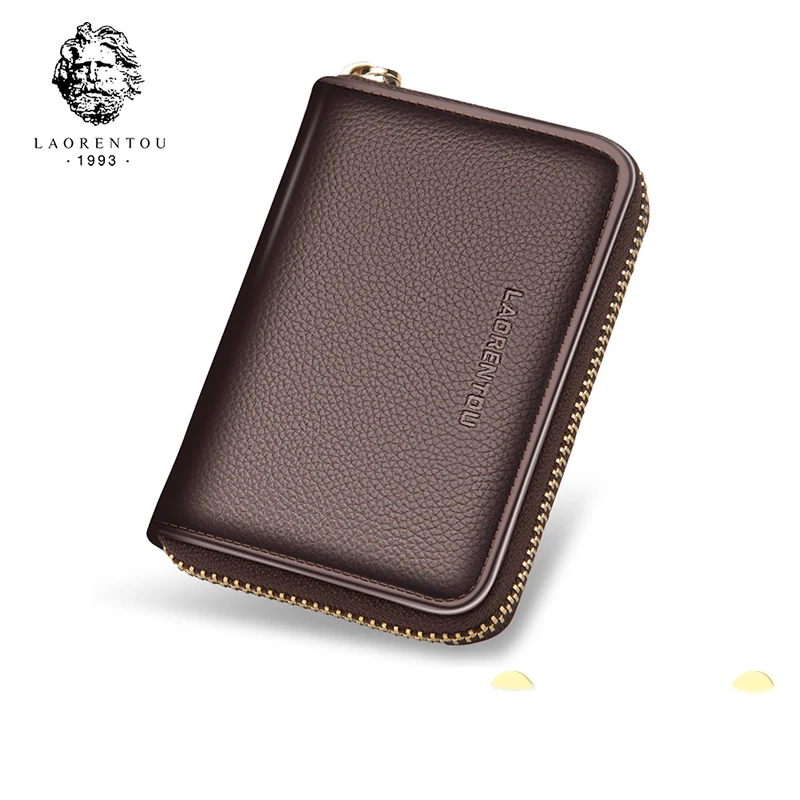 LAORENTOU Men Standard Short Wallet Genuine Leather High Quality Zipper Credit Card Holder Business Simple Coin Purse For Male