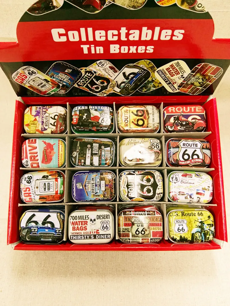 

Free Shipping!GD5 32pcs/box ROUTE66 Style Mini Tin Box Metal Coin Saver Jewerly Case Pill case 16 designs Candy Box