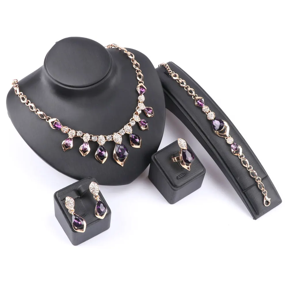 African Jewelry Set Gold Color Purple Zircon Austrian Crystal Women Wedding Necklace Bracelet Earring Ring Jewelry Set