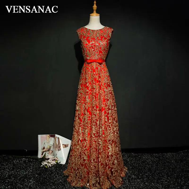 

VENSANAC Sequined O Neck Long A Line Evening Dresses Elegant Bow Sash Sweep Train Party Prom Gowns