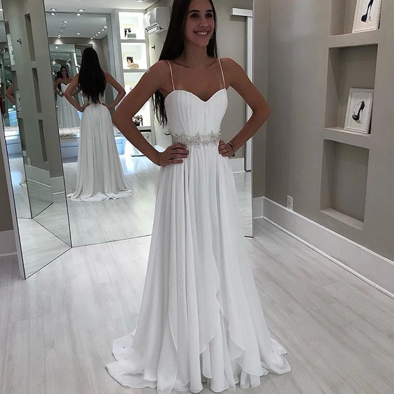 

Chiffon Beach Wedding Dresses Spaghetti Straps White Ivory Robe De Mariee Sweetheart Diamonds New Bridal Dress Wedding Gowns