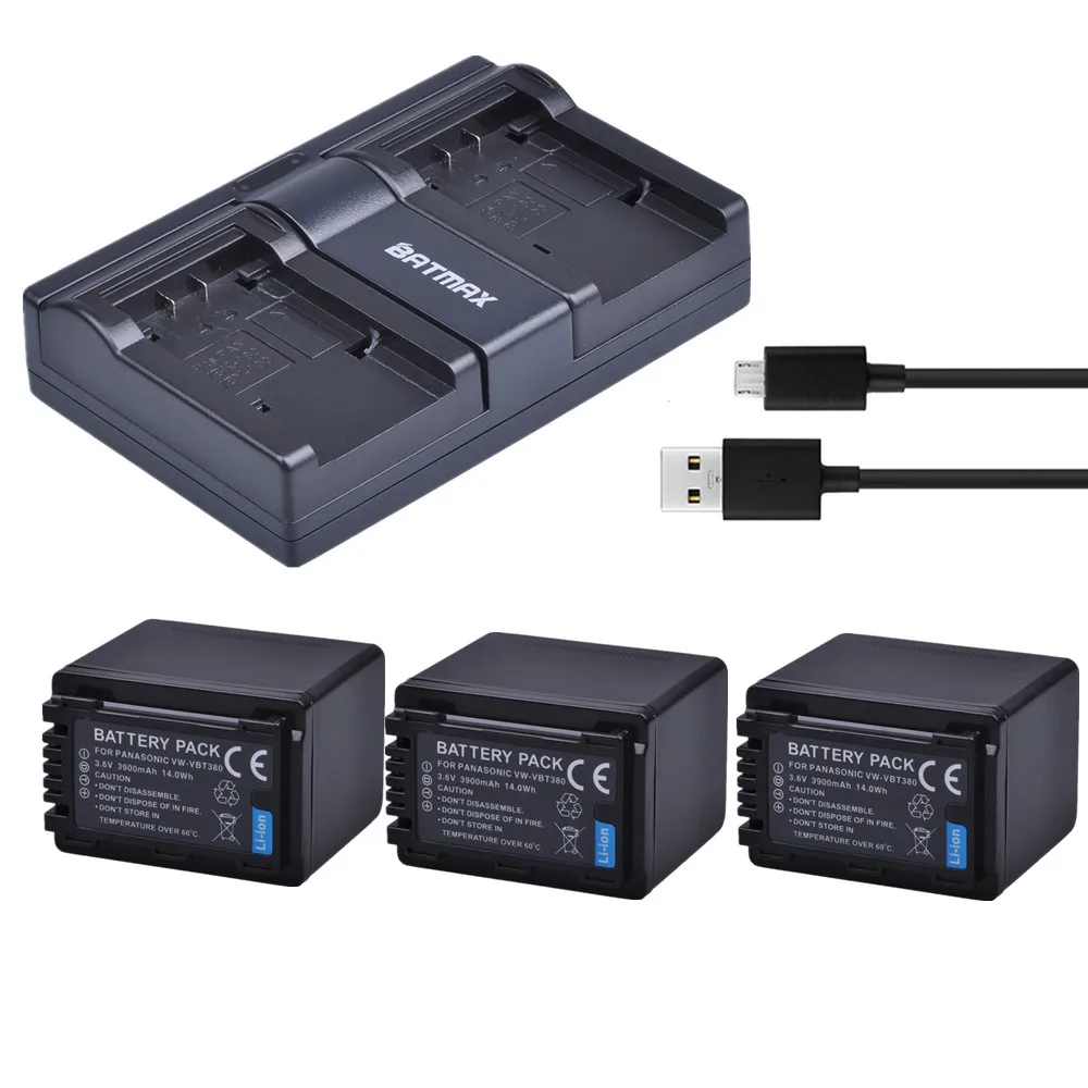 

Batmax 3PCS VW-VBT380 VBT380 VW-VBT190 Battery+USB Dual Charger For Panasonic HC-V800GK HC-V110,HC-V130,HC-V160,HC-V180,HC-V201,